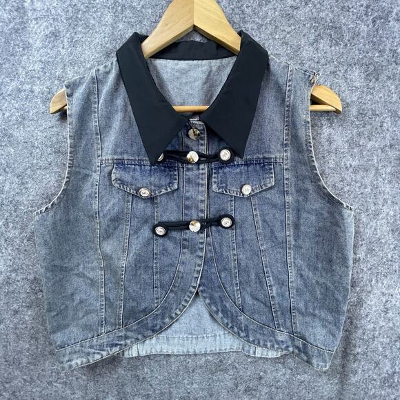 Vintage Womens Cropped Denim Vest M/L Schnauzer Dog 90s Grunge Cute Gothic Edgy - Picture 1 of 5